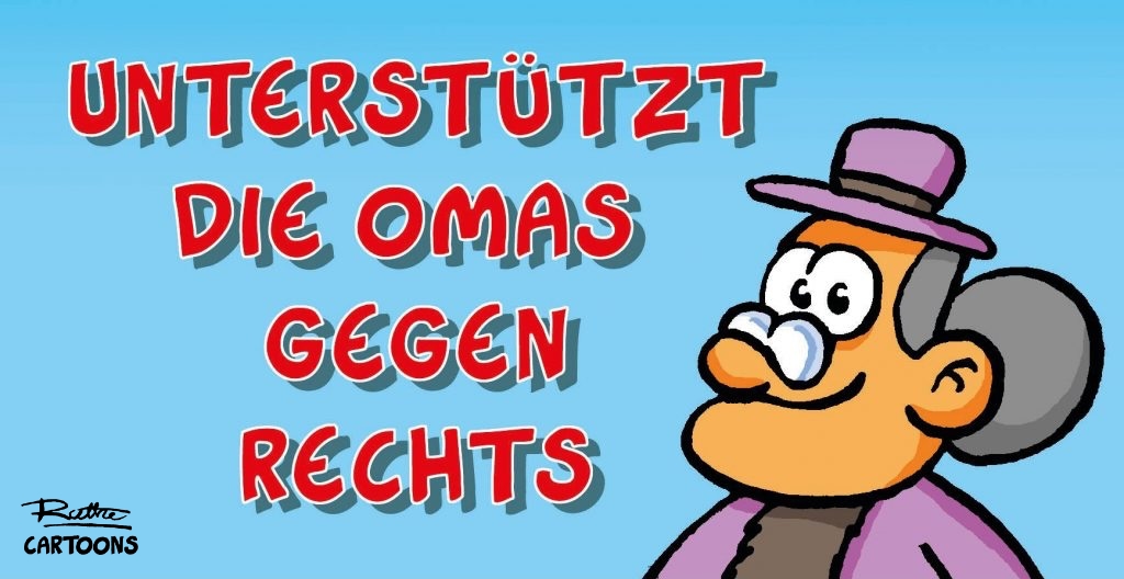 Illustration einer Oma mit dem dem Schriftzug 'Unterstutzt die OMAS GEGEN RECHTS!'